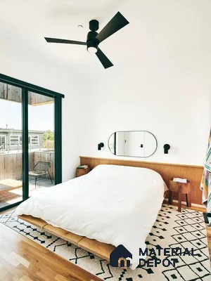 A room filled with lots of windows and a plant in the corner next to it on the floor of a stair case next to a wall mounted to a wall mounted to a window sill of a window